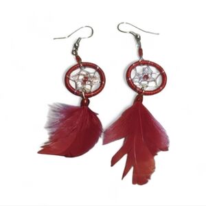 Red Dreamcatcher Feather Earrings